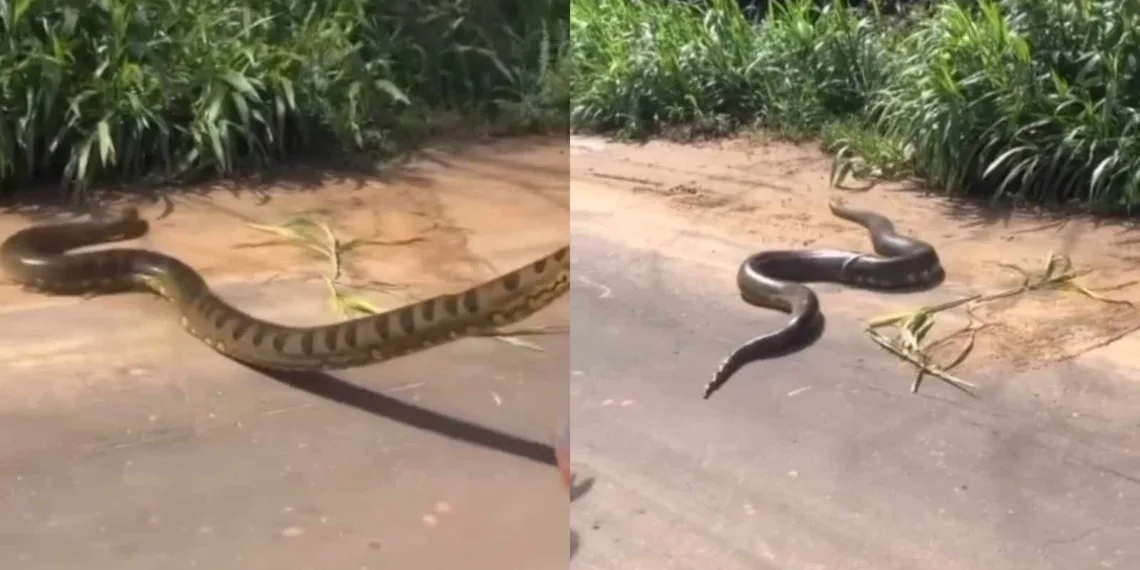 Sucuri de mais de 4 metros é flagrada atravessando estrada no Acre; veja o vídeo