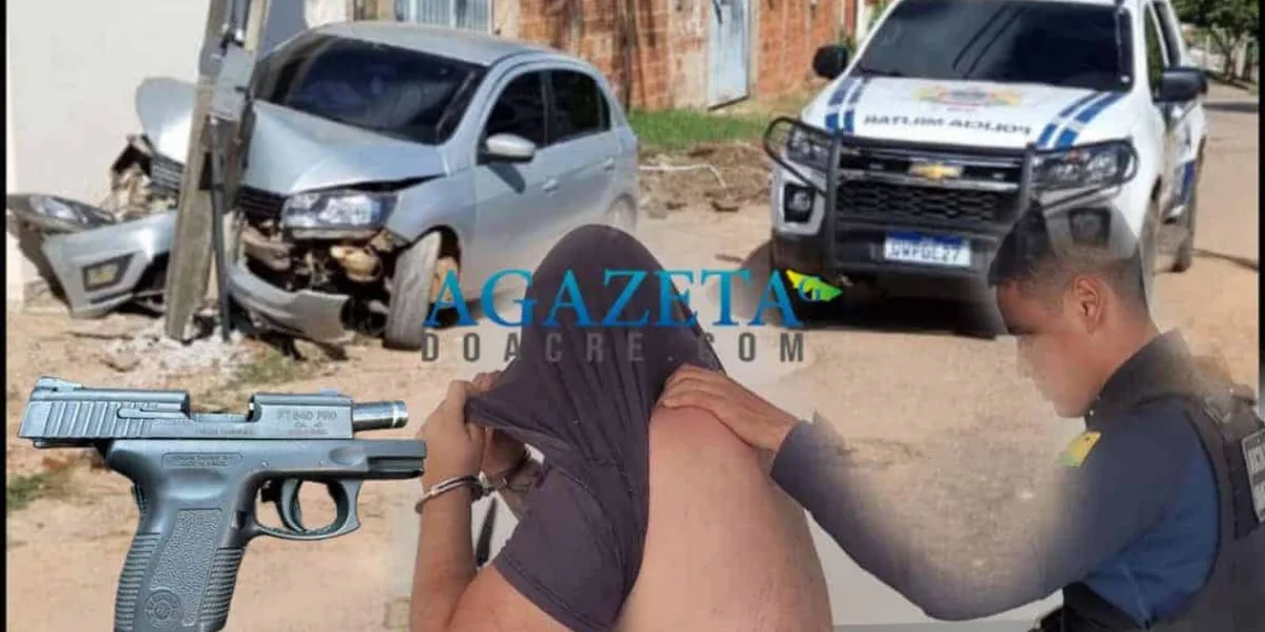 Homens tentam fugir da polícia, batem o carro contra poste de energia e são presos com arma de fogo