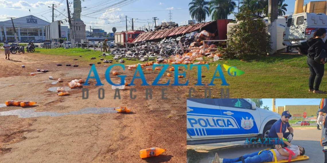 Motorista perde controle do freio e carreta carregada com refrigerantes tomba na rotatória da Havan; veja o vídeo