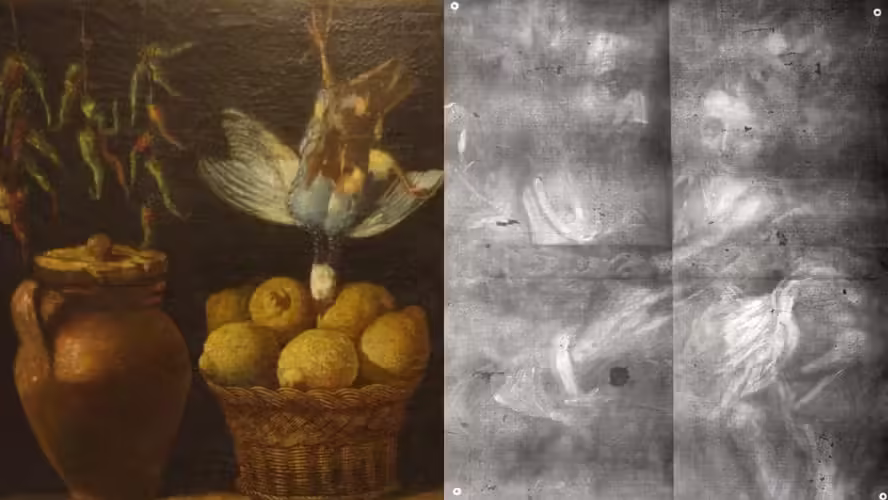 À esquerda da montagem está a natureza morta atribuída e Meléndez e, à direita, é possível ver a radiografia da tela que mostra uma pintura oculta — Foto: Acervo Pessoal