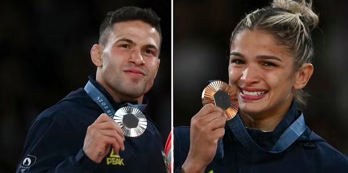 Willian Lima e Larissa Pimenta, prata e bronze no judô na Olimpíada de Paris — Foto: AFP