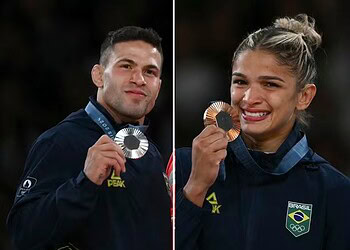 Willian Lima e Larissa Pimenta, prata e bronze no judô na Olimpíada de Paris — Foto: AFP