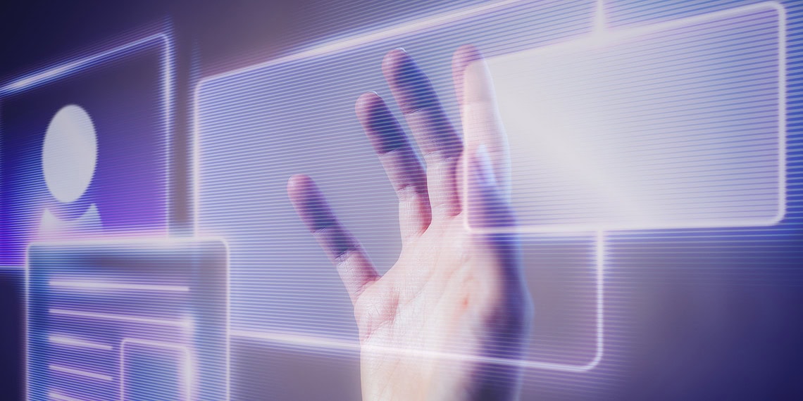 Woman touching a smart technology holographic interface