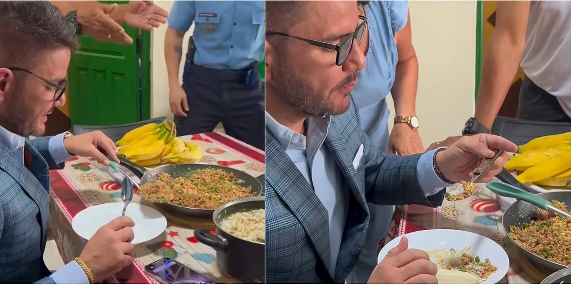 Gladson Cameli almoça farofa de conserva, arroz e banana na Difusora Acreana; vídeo repercute