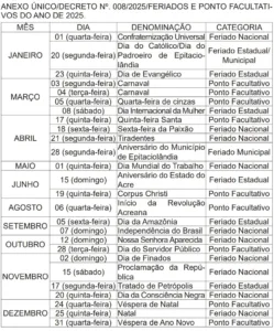 Prefeitura de Epitaciolândia divulga calendário de feriados e pontos facultativos em 2025