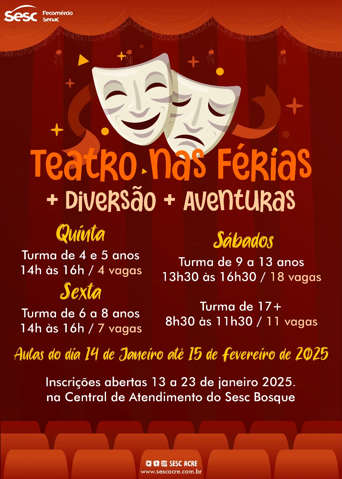 Sesc abre inscrições para curso de teatro nas férias com 40 vagas disponíveis