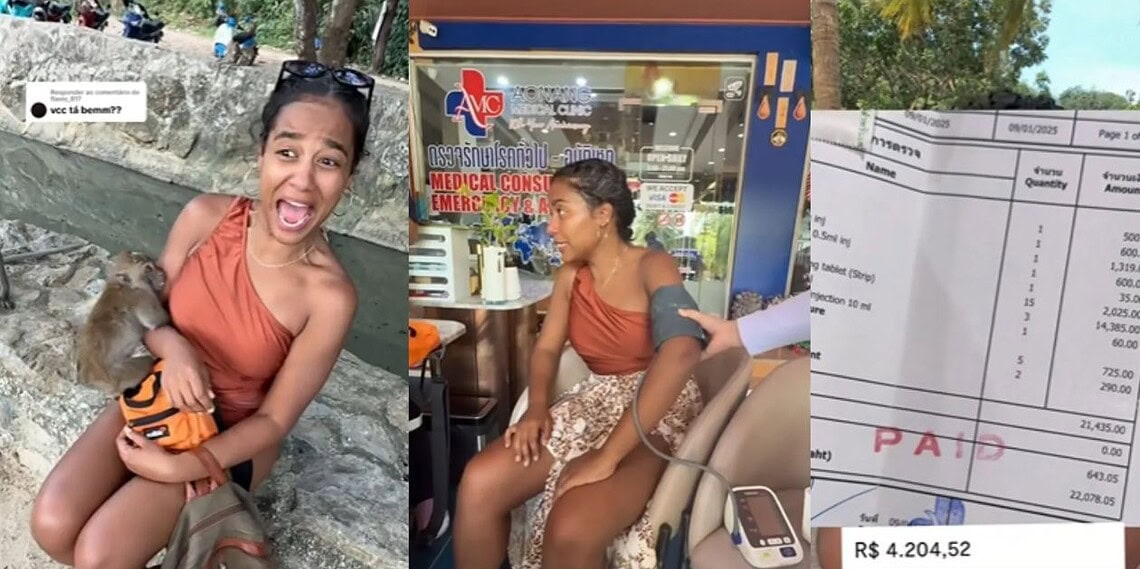Paloma foi mordida por um macaco na Tailândia • Reprodução/@palomasouza.s