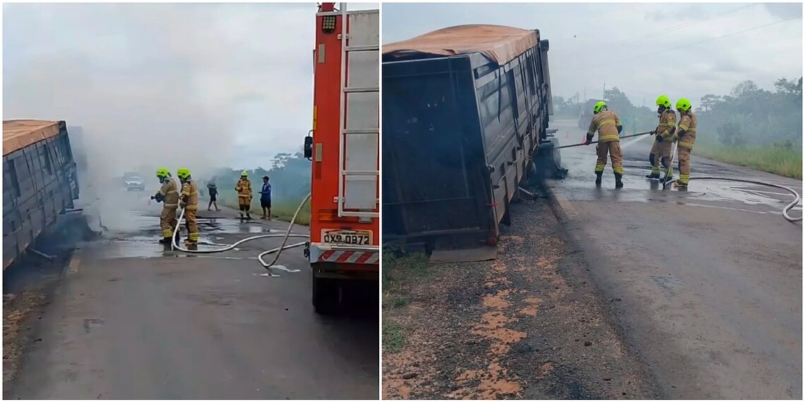 Caminhão pega fogo na BR-364, próximo a Sena Madureira; Bombeiros controlam chamas