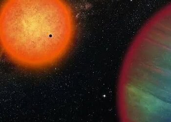 Impressão artística dos dois novos planetas descobertos. Uma super-Terra interna, aqui vista transitando na frente da estrela hospedeira laranja e um planeta gigante gelado na periferia do sistema. • Thibaut Roger - Universidade de Genebra/Reprodução