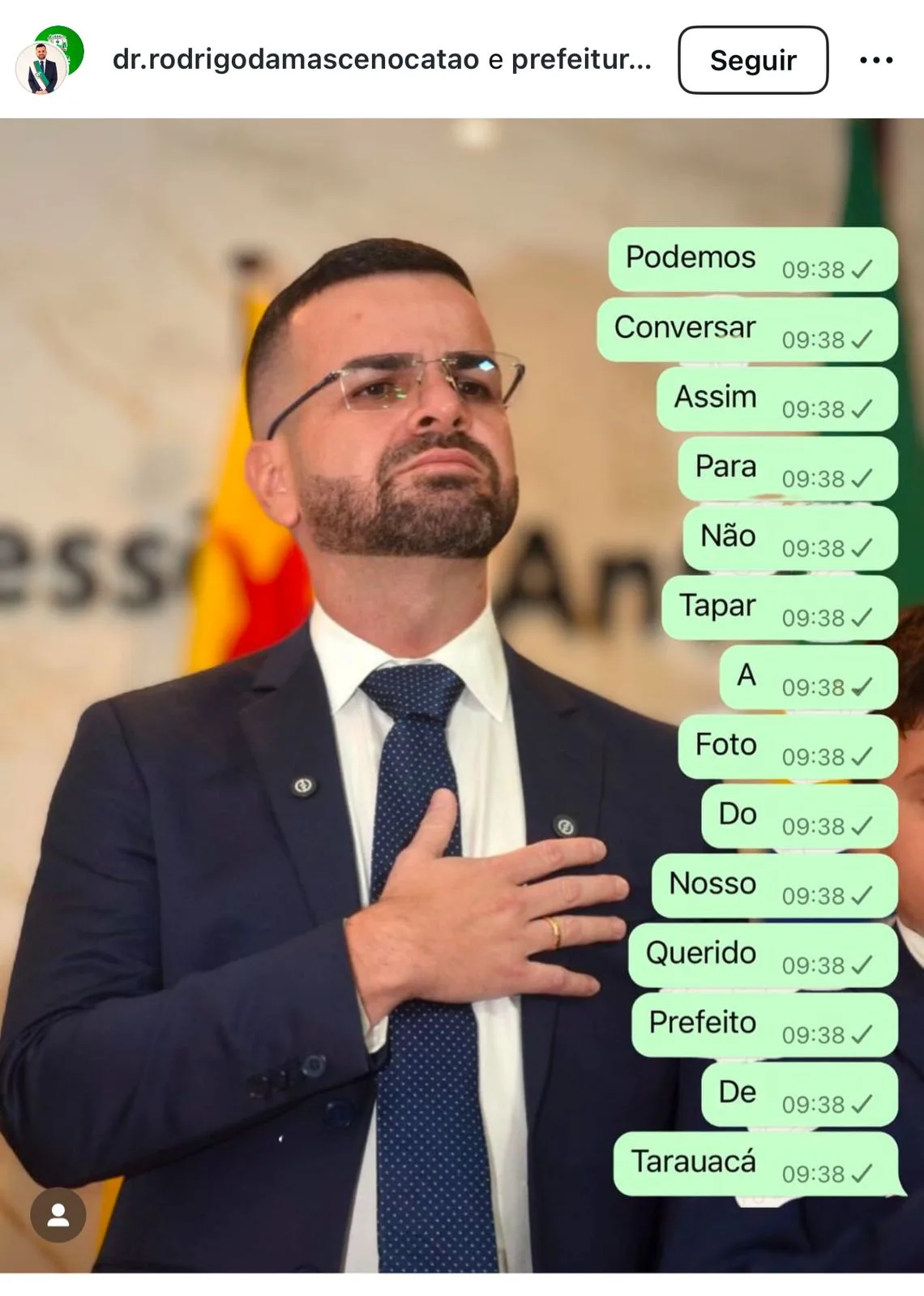 'Querido prefeito': Rodrigo Damasceno posta meme pessoal no perfil da prefeitura e depois apaga