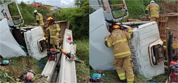 Caminhão sai da pista, tomba e deixa feridos; bombeiros resgatam vítima presa às ferragens