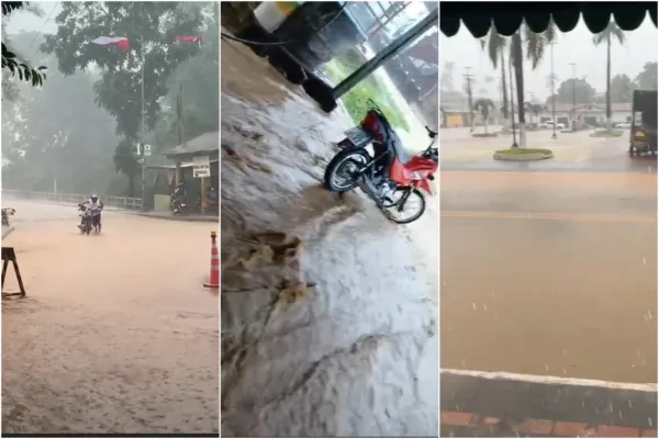 Tempestade causa alagamentos em ruas de Brasiléia, na fronteira com a Bolívia; Veja vídeo