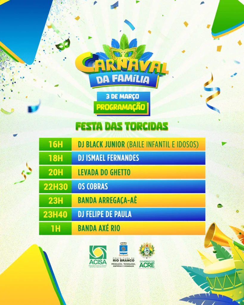 Festa das Torcidas marca o Carnaval da Família nesta segunda-feira, em Rio Branco