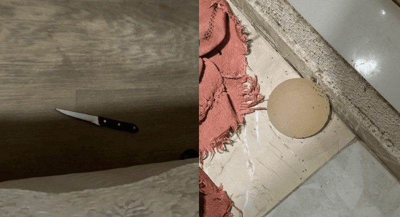 Faca usada no crime e ao lado a prótese de silicone • Divulgação/PMDF