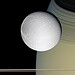 Dione, uma das agora 274 luas de Saturno, vista com Saturno e seus anéis ao fundo: novas descobertas consolidam o lugar de Saturno como o vencedor da competição de número luas no Sistema Solar, com mais luas confirmadas do que todos os outros planetas juntos. — Foto: NASA / JPL / Space Science Institute