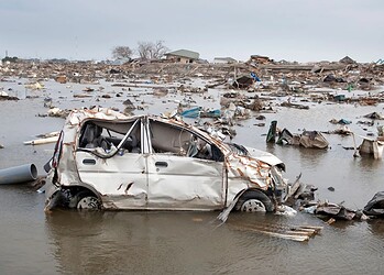 Danos causados após tsunami, terremoto e acidente nuclear em Sendai, no Japão, em 2011. • Foto: Mark Edward Harris/Getty Images