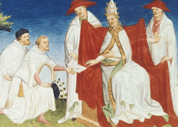 Os irmãos Maffeo e Nicolo' Polo entregando uma mensagem do Grande Khan ao papa Gregório X no Livro das Maravilhas do Mundo de Marco Polo e Rustichello, França, século XV • DEA/J.E. BULLOZ via Getty Images