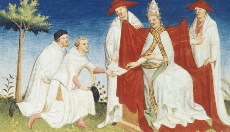 Os irmãos Maffeo e Nicolo' Polo entregando uma mensagem do Grande Khan ao papa Gregório X no Livro das Maravilhas do Mundo de Marco Polo e Rustichello, França, século XV • DEA/J.E. BULLOZ via Getty Images