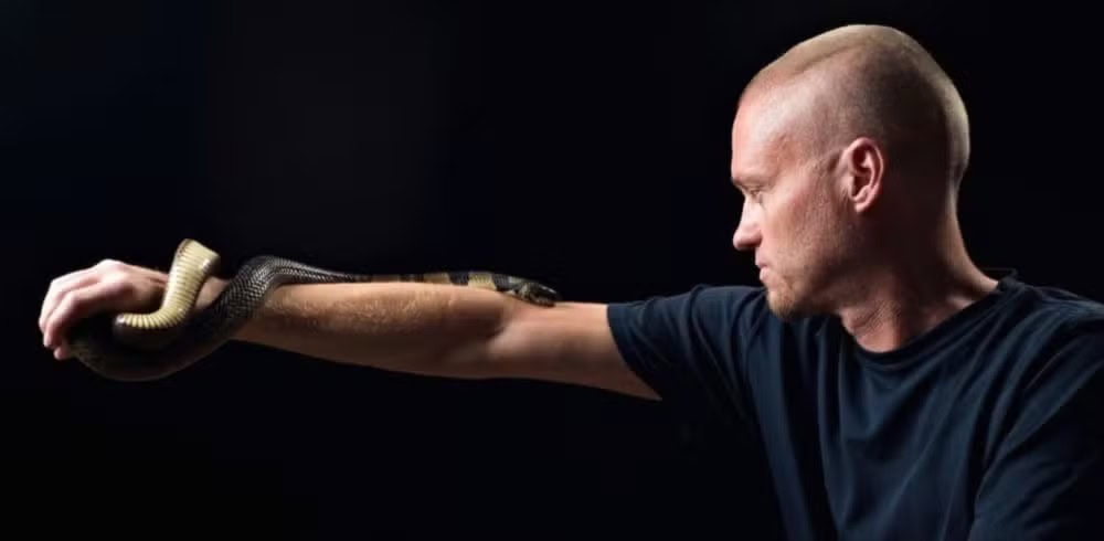 Tom Friede foi picado mais de 200 vezes por cobras de várias espécies — Foto: AP