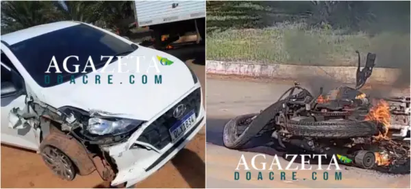 Moto pega fogo após colisão com carro em Rio Branco