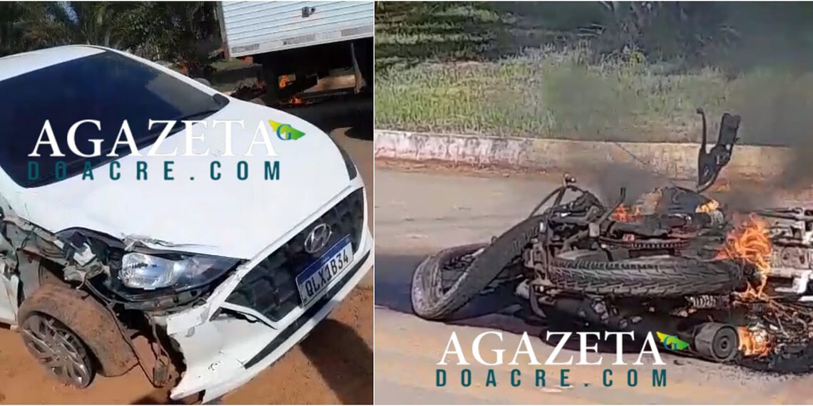 Moto pega fogo após colisão com carro em Rio Branco