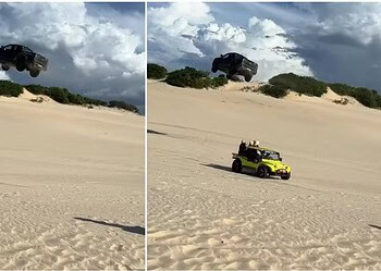 Carro passa por cima de buggy e praticamente voa em duna de Canoa Quebrada, no Ceará — Foto: Reprodução
