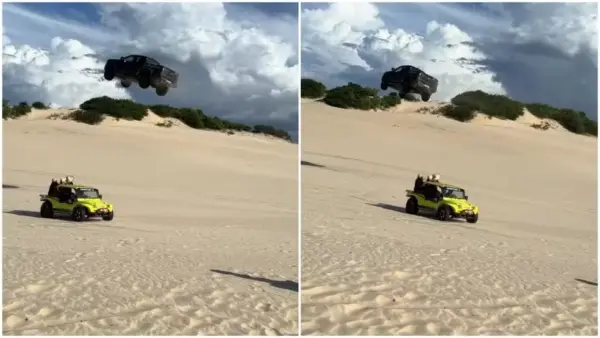 VÍDEO: Carro ‘voa’ por cima de buggy e passageiros em duna de Canoa Quebrada, no Ceará