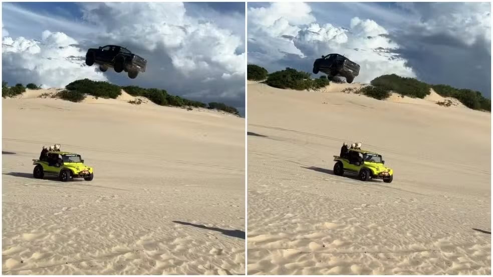 Carro passa por cima de buggy e praticamente voa em duna de Canoa Quebrada, no Ceará — Foto: Reprodução
