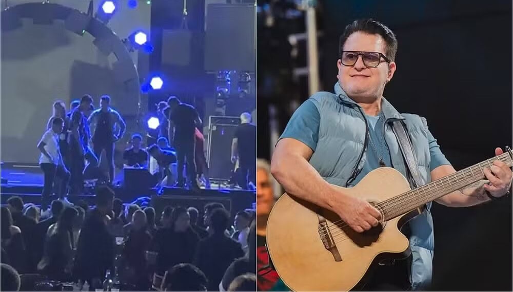 Marrone cai do palco durante show em Goiânia, Goiás — Foto: Reprodução/Redes Sociais