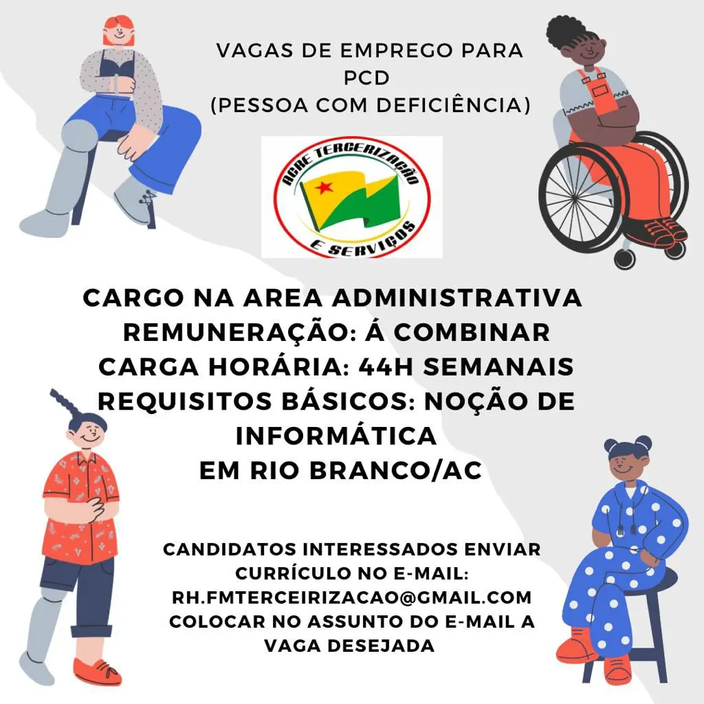 Empresa abre quase 60 vagas exclusivas para pessoas com deficiência em Rio Branco; veja como participar 2 Empresa abre quase 60 vagas exclusivas para pessoas com deficiência em Rio Branco; veja como participar