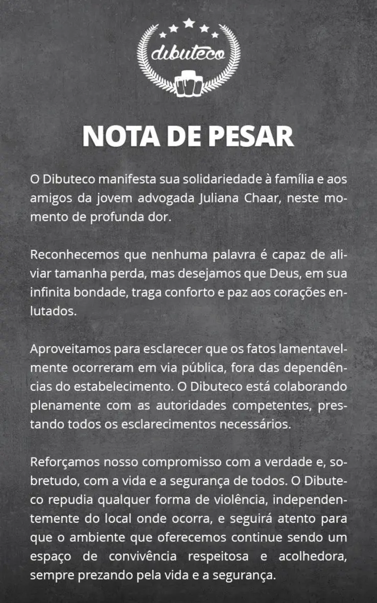 Dibuteco lamenta morte da advogada Juliana Chaar durante confusão; leia nota