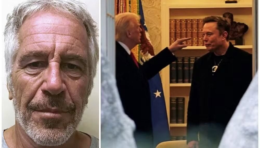 Jeffrey Epstein em fotografia tirada pela Divisão criminal de justiça de Nova York; o presidente dos EUA, Donald Trump, conversa com Elon Musk na Casa Branca, em 14 de março de 2025. — Foto: New York State Division of Criminal Justice Services/Handout/File Photo via Reuters; Nathan Howard/Reuters