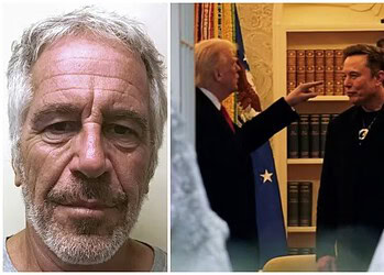 Jeffrey Epstein em fotografia tirada pela Divisão criminal de justiça de Nova York; o presidente dos EUA, Donald Trump, conversa com Elon Musk na Casa Branca, em 14 de março de 2025. — Foto: New York State Division of Criminal Justice Services/Handout/File Photo via Reuters; Nathan Howard/Reuters
