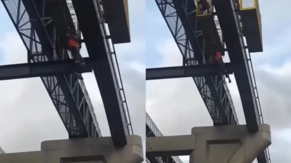 Vídeo: trabalhador escorrega e fica pendurado em obra do monotrilho de SP