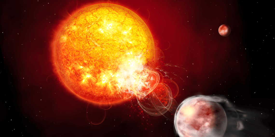 Nesta impressão artística, vemos o planeta HIP 67522 b enviando uma onda de energia pelas linhas do campo magnético em direção à superfície de sua estrela hospedeira • Danielle Futselaar/ESA