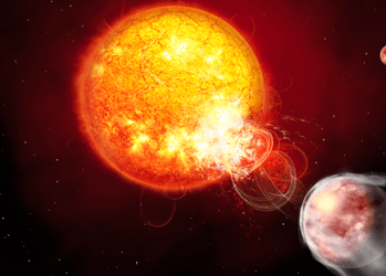 Nesta impressão artística, vemos o planeta HIP 67522 b enviando uma onda de energia pelas linhas do campo magnético em direção à superfície de sua estrela hospedeira • Danielle Futselaar/ESA