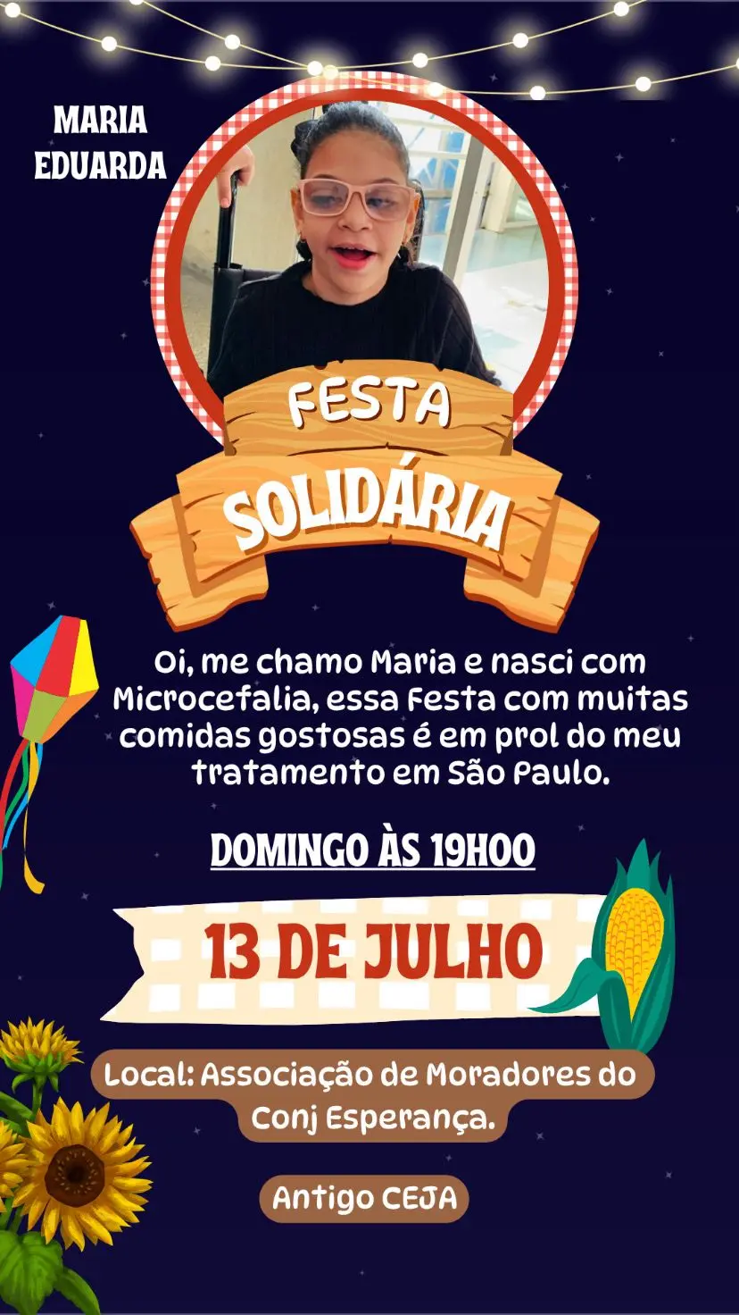 Família convida para Festa Solidária em apoio ao tratamento de Maria Eduarda