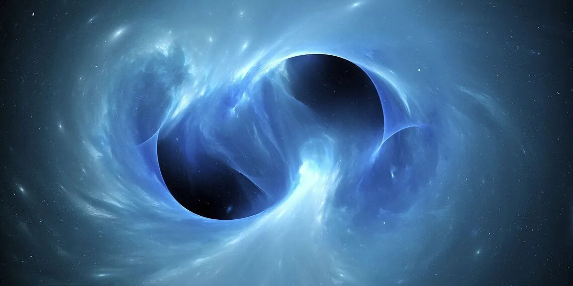 Ilustração de buracos negros se fundindo no espaço  • Sakkmesterke/Science Photo Library RF/Getty Images