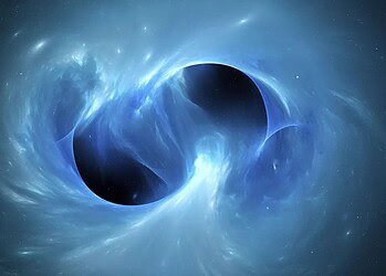 Ilustração de buracos negros se fundindo no espaço  • Sakkmesterke/Science Photo Library RF/Getty Images
