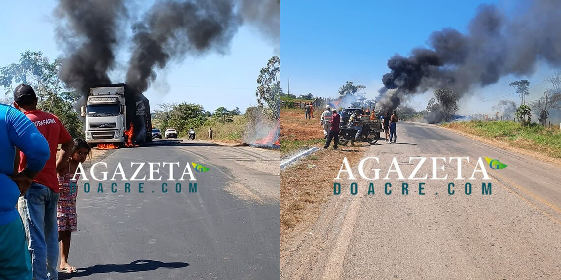Caminhão boiadeiro é destruído por incêndio enquanto aguardava liberação na BR-317