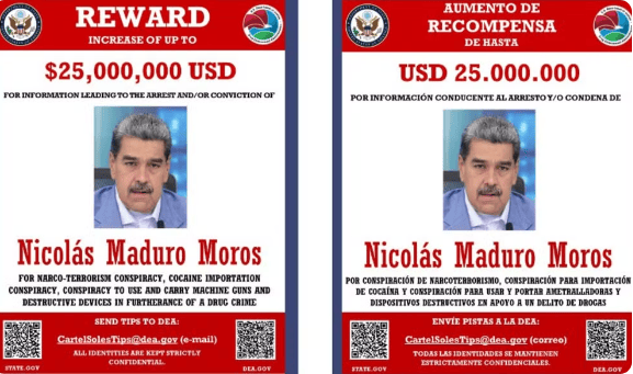 Governo dos EUA divulga recompensa por informações sobre Maduro — Foto: Reprodução/X