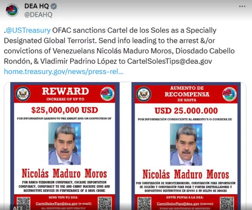 Departamento dos EUA divulga recompensa de US$ 25 milhões por informações que levem à prisão ou condenação de Maduro