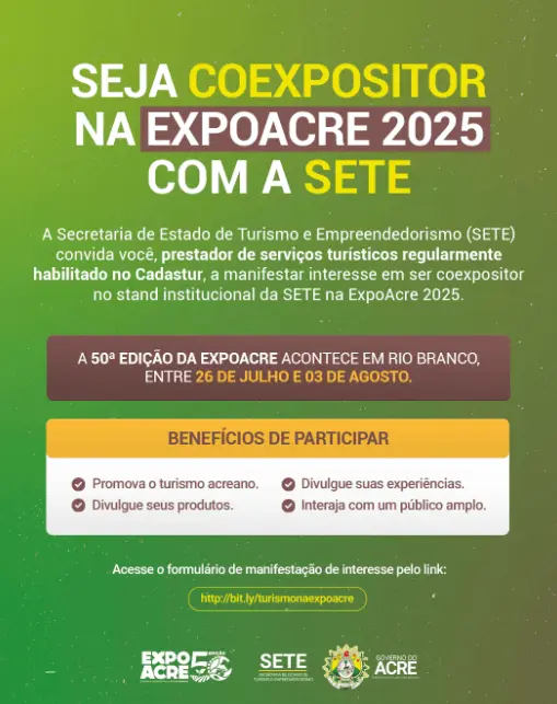 Inscrições para coexpositores em estande do Turismo na Expoacre seguem abertas