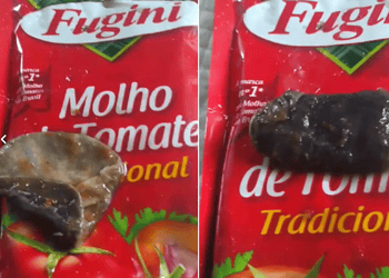 Pedreiro encontrou objeto estranho dentro de molho de tomate, em Miracatu (SP) — Foto: Reprodução