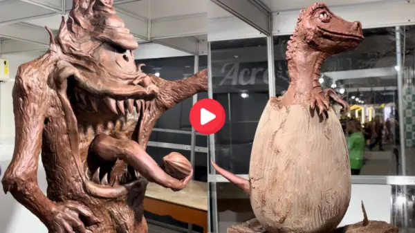 Escultura de 200kg de chocolate do Mapinguari encanta visitantes na Expoacre; degustação será neste domingo