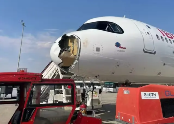 Imagem mostra danos no bico de um Airbus 320 da Iberia após choque com pássaros durante um voo entre Madri e Paris, em 3 de agosto de 2025. — Foto: Reprodução/ Redes sociais