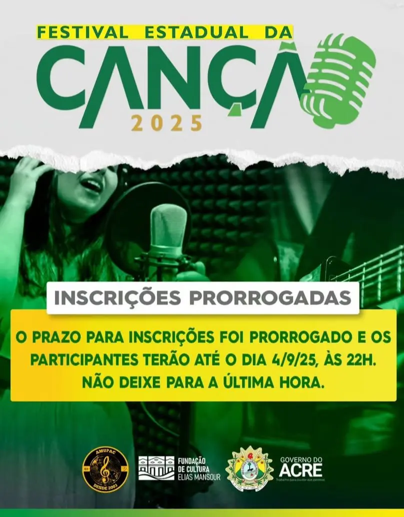 Festival Estadual da Canção prorroga inscrições e abre espaço para novos talentos no Acre 2 Festival Estadual da Canção prorroga inscrições e abre espaço para novos talentos no Acre