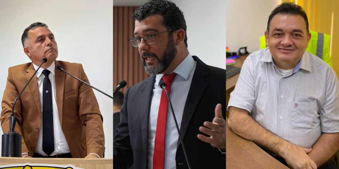 À esquerda vereador Eber Machado; ao meio André Kamai e à direita, o superintendente da RBTrans Clendes Vilas Boas