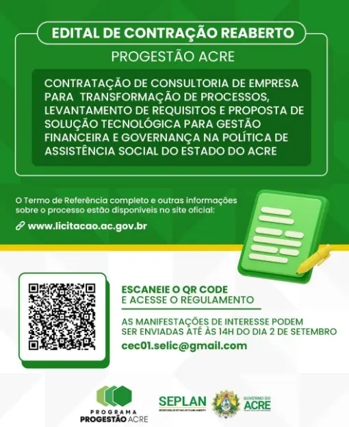 Governo do Acre reabre seleção para consultoria em modernização da gestão da assistência social
