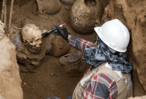 Um arqueólogo limpa um crânio atribuído à cultura pré-inca Chancay, descoberto acidentalmente por trabalhadores que instalavam um gasoduto no distrito de Puente Piedra, em Lima, em 31 de julho de 2025 - (crédito: CONNIE FRANCE/AFP)